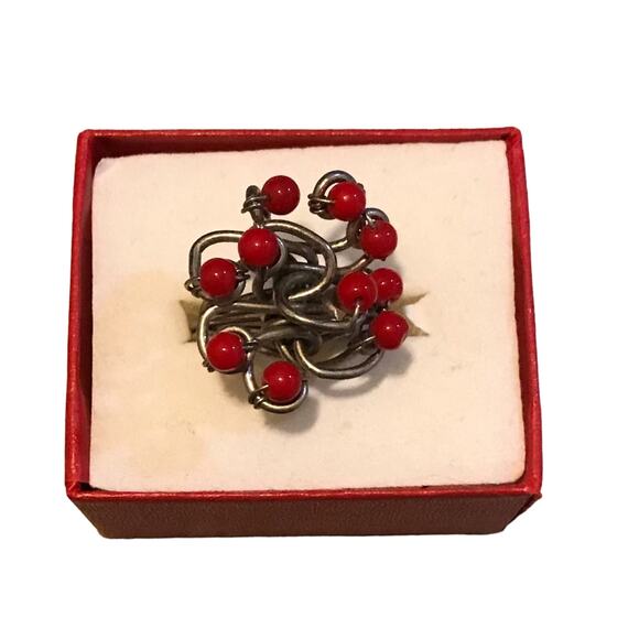HANDMADE Artsy Red Beads Silver Ring Size 7 - Picture 1 of 8